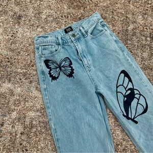 Y2K High-Rise Butterfly Print Light Blue Wide Leg Denim Jeans 26